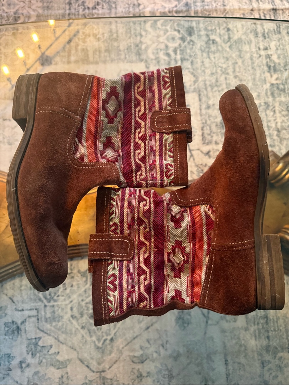 Naturalizer Basha Brown Suede Ankle Boots Aztec Knit Southwestern Boho Nomad 9